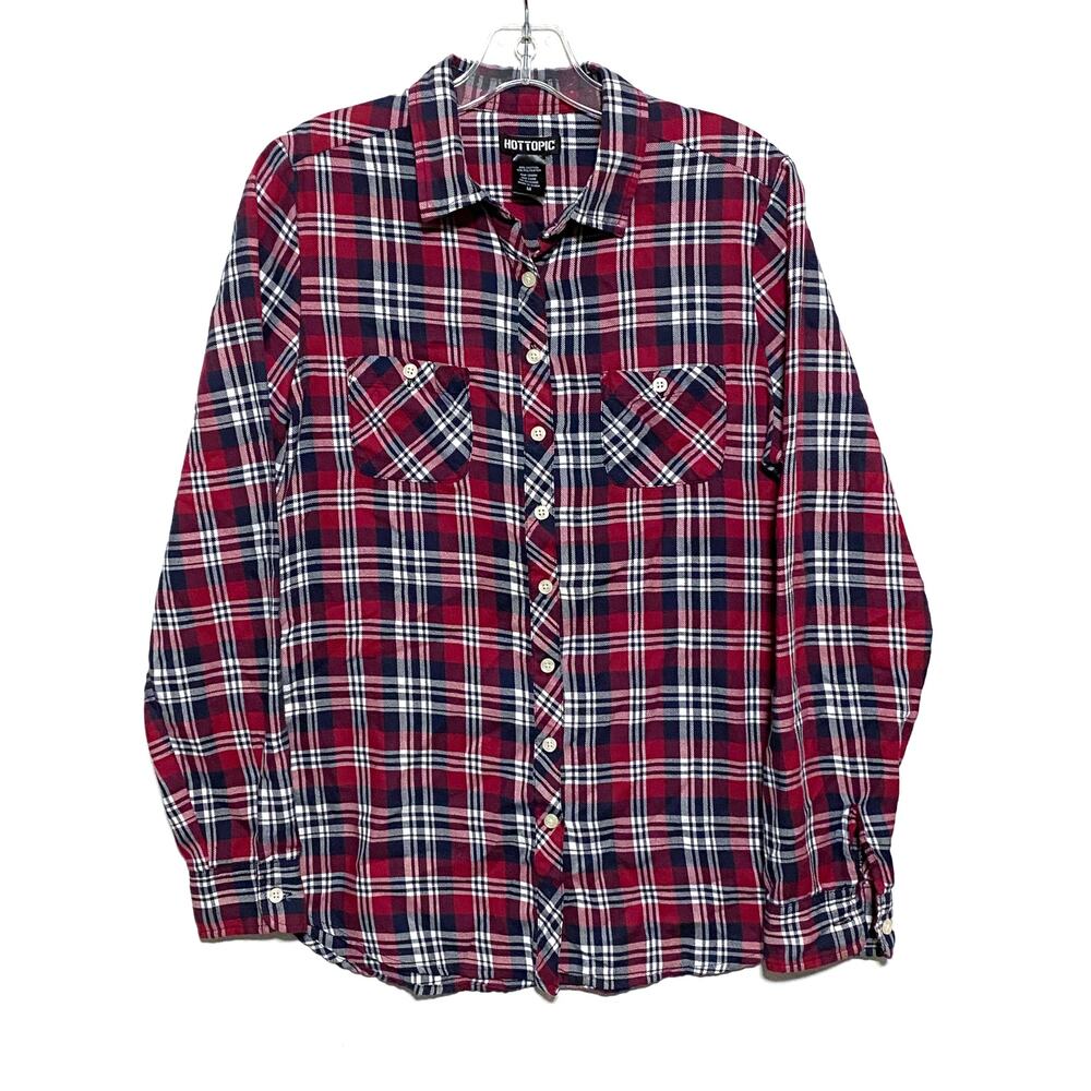 Hot Topic Plaid Flannel Button Down Shirt Womens M Grunge Emo Goth Skater Punk